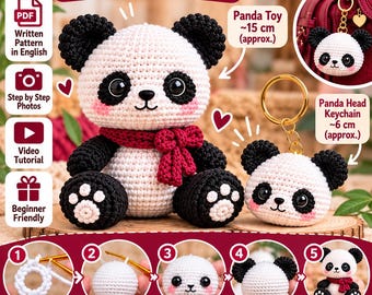 Kit de amigurumi y panda de ganchillo para tejer llaveros (PDF + vídeos), patrón de animal.