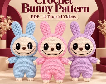 Kit de ganchillo con patrón de conejito amigurumi, apto para principiantes, PDF en inglés + 4 vídeos tutoriales (descarga digital).