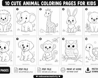 Dibujos para colorear de animales animados para niños, paquete de actividades imprimibles en PDF