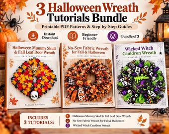 Paquete de tutoriales para coronas de Halloween, 3 patrones para hacer tú mismo, colgador de puerta de Halloween, decoración exterior de Halloween