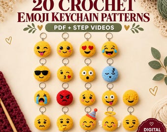 Patrones de llaveros de emojis de ganchillo sin costuras, más de 19 patrones: PDF de llaveros de caras de amigurumi