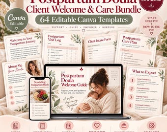 Paquete de plantillas Canva para doulas posparto, 64 formularios editables para clientes y herramientas de negocios (descarga digital)
