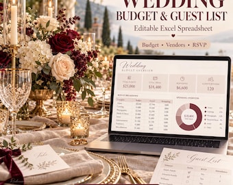 Hoja de cálculo editable para el seguimiento del presupuesto y la lista de invitados de una boda.