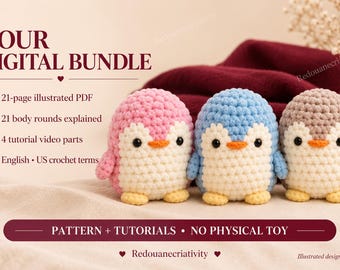 Kit de ganchillo Pingüino PDF+tutorial en vídeo, Patrón pequeño para tejer a mano, Llavero de amigurumi