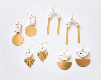 Terrazzo and Geometric Brass Charm Earrings - Mixed Materials Pendant Earrings, Dangling Statement Earrings