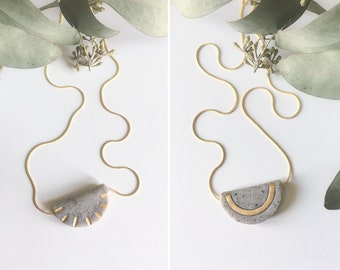 Reversible Sun and Moon Necklace - Gold Leaf on Grey Granite, Half Moon, Dainty Modern Polymer Clay, Minimal Everyday Statement Jewelry