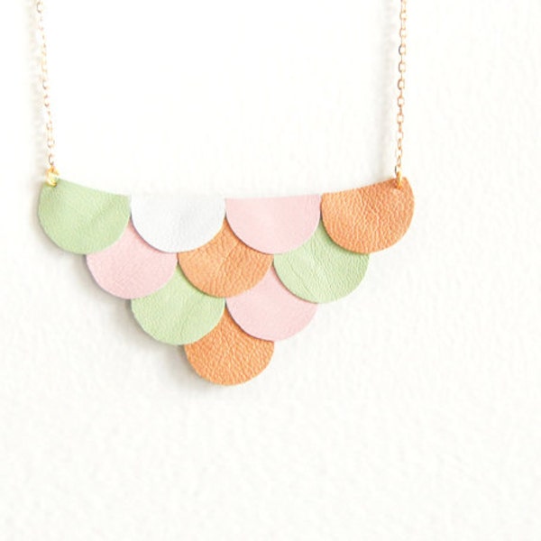 LAST ONE - Leather Scallop Petals Necklace - Pastel Spring Garden - Made to Order