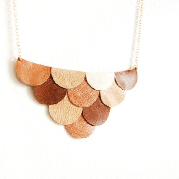 Leather Scallop Petals Necklace - Honey Brown Coffee and Cream Palette - Made to Order - Gift for Her - Leather Anniversary Gift Third Year