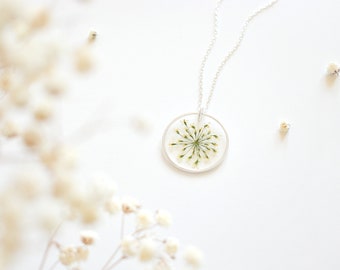 SALE - Pressed Flower Necklace, Queen Anne's Lace, Forget Me Not, Baby’s Breath - Modern Terrarium Style Floral Pendant, Real Flower Jewelry