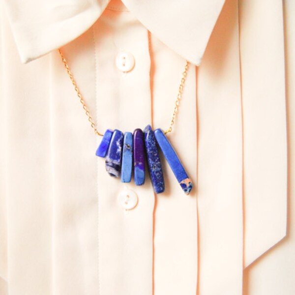 Blue Agate Wing - Asymmetrical Stone Fringe Necklace