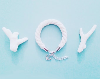 Cotton Rope Bracelet – Silver Anchor Charm, Nautical Jewelry, Flexible Length, Cotton Anniversary