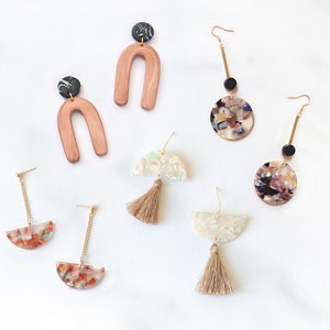 Eclectic Geometric Statement Earrings - Minimalist Mixed Material - Tortoise Acetate, Resin, Tassel, Metal, Clay, Leather - Pendant Earrings