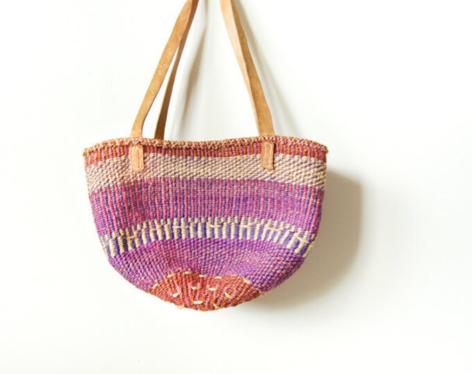 Vintage Woven Jute Market Tote Bag With Leather Straps Etsy