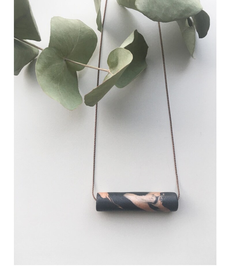 SALE Marbled Cylinder Bar Necklace Minimalist Mixed Materials Black White Copper Gold Marbled Texture Gift for Her Ready to Ship Copper on Black Base