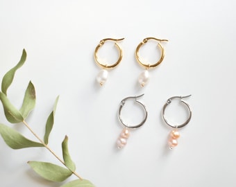 Gold Hoop Pearl Earrings, Dangling Fresh Water Pearls, Minimalist Natural Jewelry, Various Sizes, Gift for Her, Gift for Mom, Ready to Ship