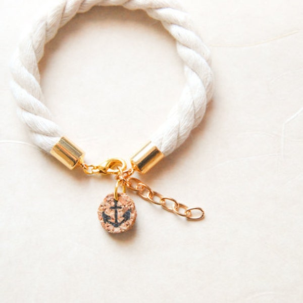 Nautical Rope Bracelet with Anchor Charm or Customized Tag, Initial Tag, Beach, Bridesmaid, Golden, Silver, Magnetic, Cotton Anniversary