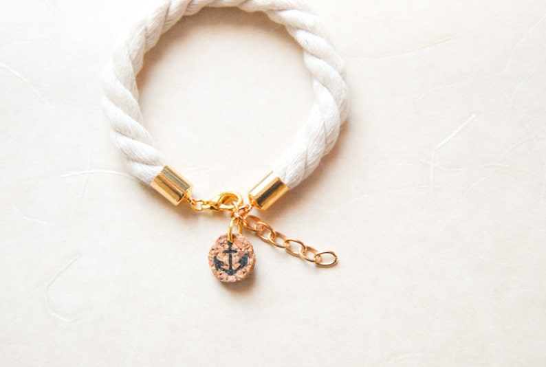 Nautical Rope Bracelet with Anchor Charm or Customized Tag, Initial Tag, Beach, Bridesmaid, Golden, Silver, Magnetic, Cotton Anniversary image 1