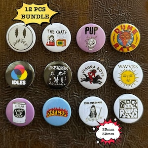 May include: A 12-piece bundle of circular pin-back buttons featuring various band logos and graphic illustrations. The designs include text such as Pangea, The Chats, Pup, Dune Rats, Idles, Reatards, Viagra Boys, Wavves, Fidlar, Skegss, Teen Mortgage, and Beddy Rays.