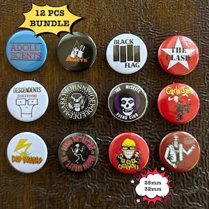May include: A 12-piece bundle of circular pin-back buttons featuring various punk rock band logos and graphics, including Adolescents, The Adicts, Black Flag, The Clash, Descendents, Ramones, Misfits, Circle Jerks, Bad Brains, Social Distortion, Toy Dolls, and Minor Threat. Each button measures 25mm or 32mm.