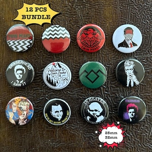 May include: A 12-piece bundle of circular pin-back buttons featuring various graphic designs related to Twin Peaks and Eraserhead. The buttons display imagery including chevron patterns, owls, portraits, and text such as Twin Peaks and Eraserhead.