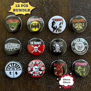 May include: A 12-piece bundle of circular pin-back buttons featuring various band logos and graphic illustrations. The designs include text such as The Meteors, Batmobile, The Cramps, Tiger Army, Nekromantix, The Quakes, Creepshow, Mad Sin, Demented Are Go, Horror Pops, The Koffin Kats, and Coffinshakers. The buttons are available in 25mm and 32mm sizes.