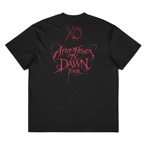May include: A black short-sleeved t-shirt featuring red graphic text on the back. The design includes the letters XO above the words After Hours til DAWN TOUR, rendered in a stylized, dripping font that resembles ink or blood splatters.