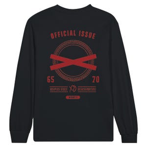 May include: A black long-sleeve shirt featuring a red graphic on the back. The design includes the text OFFICIAL ISSUE, the numbers 65 and 70, the words SURPLUS STOCK MERCHANDISING, and a circular emblem with two crossed bars in the center.