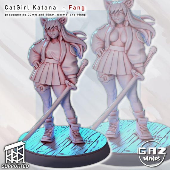 Cat GIrl Katana Fang 32mm scale or 55mm scale by Gaz Minis SFW Pinup
