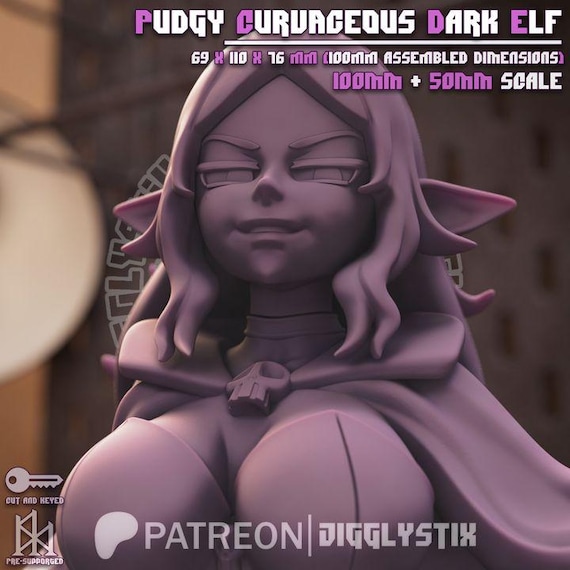 Pudgy Curvaceous Dark Elf 50mm scale or 100mm scale by Jigglystix SFW NSFW Futa