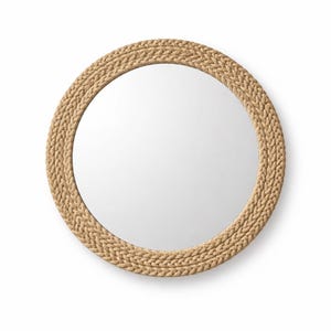 May include: A circular mirror featuring a frame made from woven rope, in a light beige hue. The mirror's surface reflects the surroundings. The design is simple and would suit various interior styles. The mirror's diameter is approximately 60 cm.
