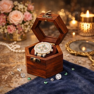 May include: A luxury gold wristwatch with a white face, encrusted with diamonds and emeralds, rests in an open hexagonal wooden box. The watch is displayed on a brown velvet cushion. The scene includes scattered gemstones, a mirror, and a bouquet of pink roses.