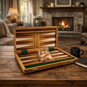 Juego de backgammon artesanal con incrustaciones de madera – Juego de mesa plegable de lujo de madera maciza, tamaño ideal para viajar.