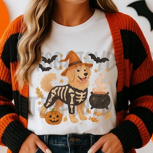 Golden Retriever Halloween PNG, Dog Skeleton Halloween Sublimation Design, POD Shirt Designs , Retro Halloween Png, Digital Download