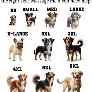 May include: A size guide chart featuring nine different dog breeds labeled from XS to 6XL. The text at the top reads: Here's a guide to help you pick out the right size. Message me if you need help. Each size category is paired with a dog illustration.