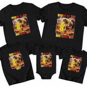 May include: A set of five black t-shirts and one black bodysuit featuring a graphic of a gorilla and a dinosaur with the number 8. The shirts include text such as Mommy of the Birthday Boy, Daddy of the Birthday Boy, Lil Sis of the Birthday Boy, and Brother of the Birthday Boy.