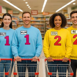 May include: Four people in a grocery store wearing matching sweatshirts and holding shopping carts. Two people wear light blue sweatshirts with the name "BAILEY" and "WILLIAM" on name tags, and the number "1" in pink. The other two wear yellow sweatshirts with the names "JESSICA" and "MIKE" and the number "2".