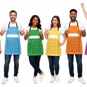May include: A collection of six aprons in red, blue, green, yellow, orange, and purple, each featuring a white calculator display at the top and a numeric keypad graphic printed on the front, with black neck straps and waist ties.