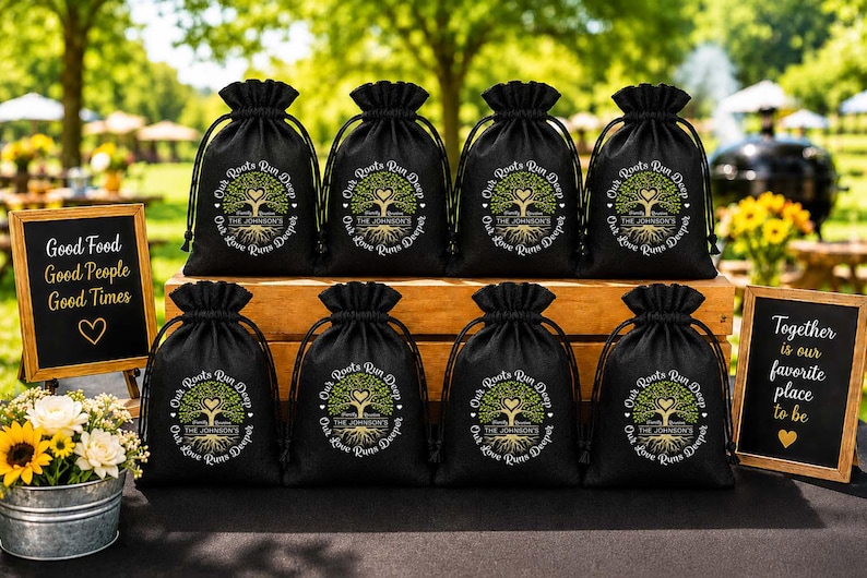 May include: Black drawstring favor bags with a tree design and the text "Our Roots Run Deep, Our Love Runs Deeper". The bags are arranged on a wooden surface with two framed signs that read "Good Food, Good People, Good Times" and "Together is our favorite place to be".
