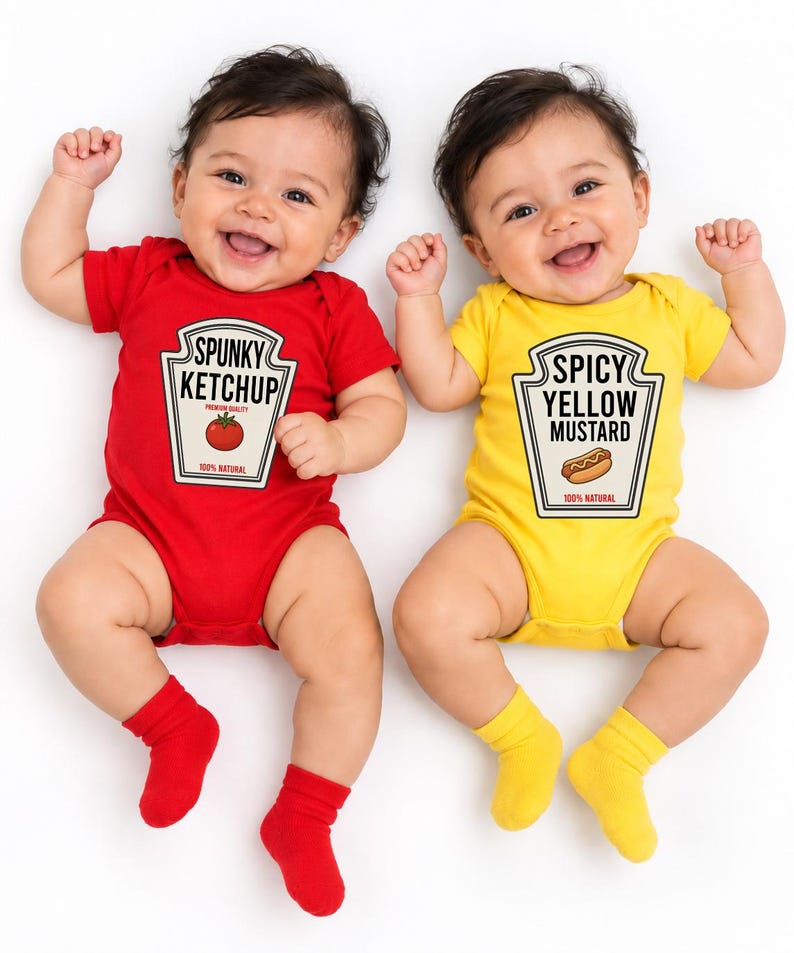 May include: Two short-sleeved baby bodysuits. One is red with a graphic of a tomato and the text SPUNKY KETCHUP, 100% NATURAL. The other is yellow with a graphic of a hot dog and the text SPICY YELLOW MUSTARD, 100% NATURAL. Both include matching socks.