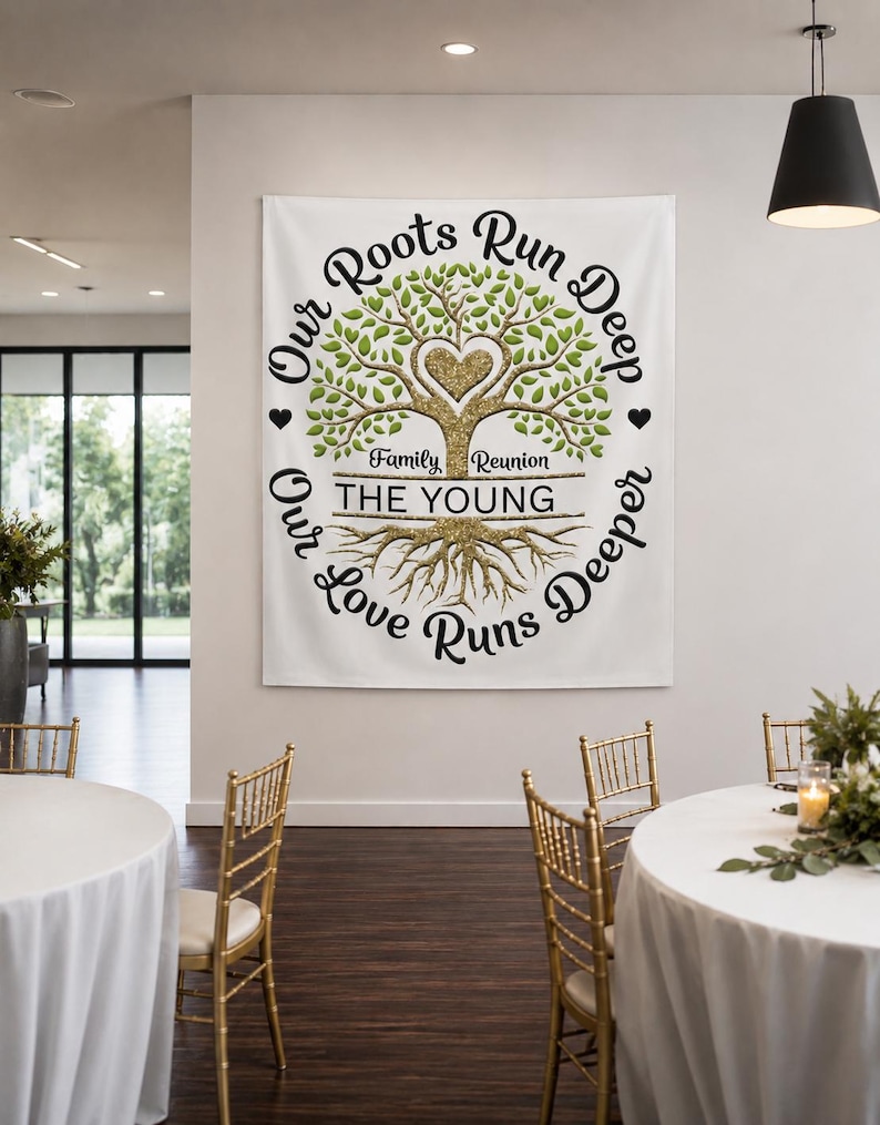 May include: A white banner with a family tree design, featuring the text "Our Roots Run Deep, Our Love Runs Deeper." The tree has a gold glitter heart and leaves. Below, it reads "Family Reunion THE YOUNG."