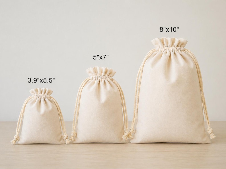 May include: Three beige drawstring bags of varying sizes: 3.9"x5.5", 5"x7", and 8"x10". Each bag features a gathered top and a natural-colored drawstring closure. The bags are made of a soft, neutral-toned fabric.