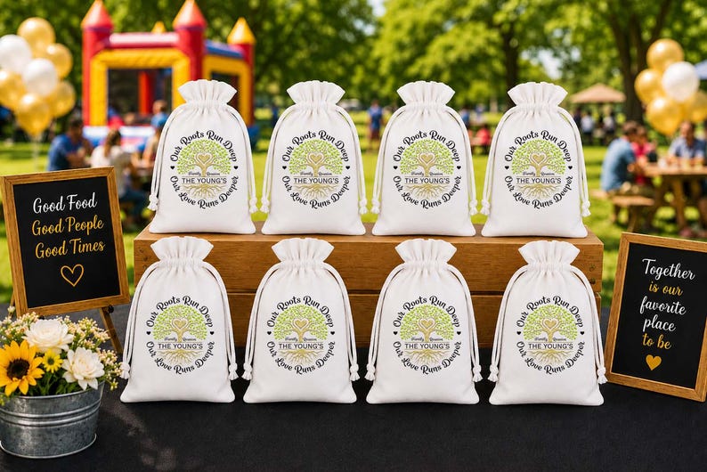 May include: White drawstring favor bags with a tree design and the text "Our Roots Run Deep, The Young's, Love Grows Deeper." Two small chalkboards display text: "Good Food, Good People, Good Times" and "Together is our favorite place to be."
