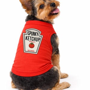 May include: A red sleeveless pet shirt featuring a graphic print of a ketchup bottle label with the text SPUNKY KETCHUP, PREMIUM QUALITY, and 100% NATURAL, along with a red tomato illustration, worn by a small brown and black Yorkshire Terrier dog.