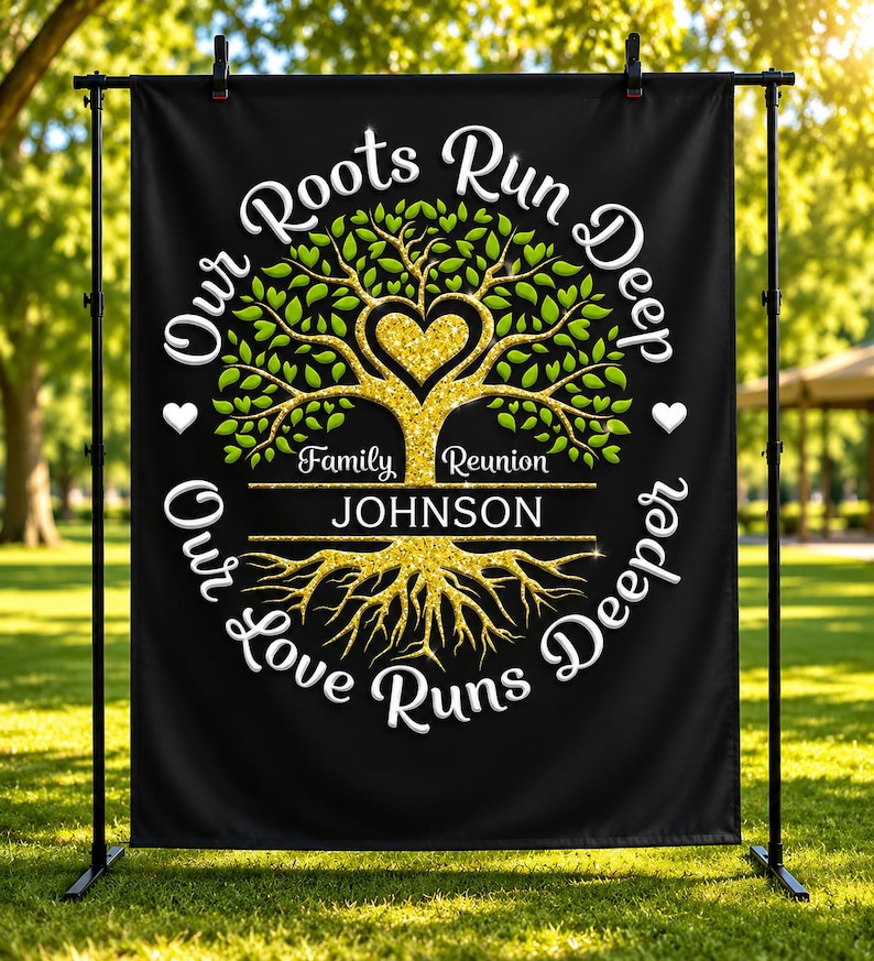 this is a picture of a family reunion backdrop banner that says Our Roots Run Deep, Our Loves Run Deeper, this family reunion banner can be personalized with the family's name