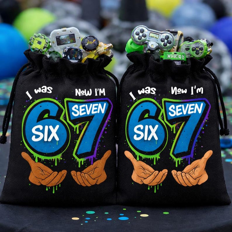 These are favor treat bags for 7th birthday parties for boys. These fabric treat bags feature the popular and funny 67 meme with the hands underneath them, you can choose between beige colored hands and brown colored hands. these can be personalized with the birthday child's name on the favor treat bags, you can buy as little as 1 favor treat bag or 100 treat bags. the choice is yours.