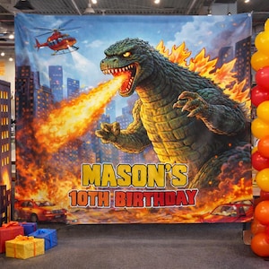 Fire Breathing Monster Birthday Backdrop, Kaiju City Party Banner, Boys Decorations, Custom Name Sign