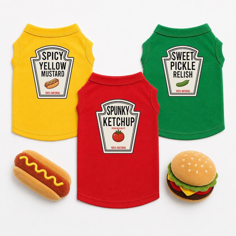 May include: Three sleeveless shirts in yellow, red, and green, each featuring a condiment bottle label graphic. The yellow shirt reads SPICY YELLOW MUSTARD, the red reads SPUNKY KETCHUP, and the green reads SWEET PICKLE RELISH. Includes plush hot dog and burger toys.