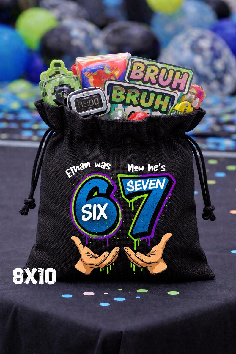 May include: A black drawstring gift bag featuring the text Ethan was SIX, Now he's SEVEN, with a large 6 and 7 graphic, two hands, and the text 8X10. The bag is filled with various small toys, including a digital watch and a BRUH sticker.