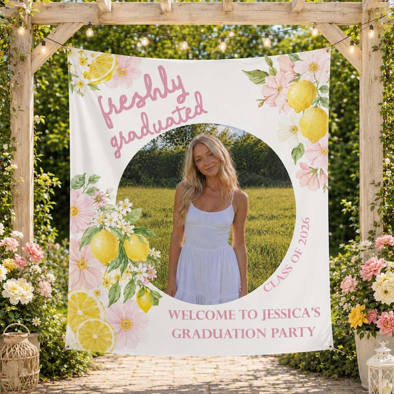 Freshly Graduated Themed Lemon Graduation Banner, Party Backdrop Class ...