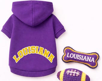 Louisiana Football Dog Hoodie – Purple & Gold Pet Sports Sweatshirt Small Dog and Big Dogs